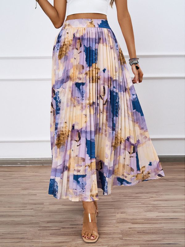 Artistic Print Pleated Maxi Skirt For Women 2025
