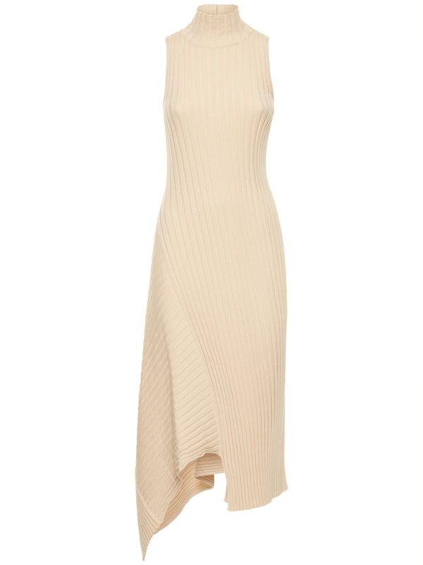 Asymmetric Rib Knit Cotton Midi Dress