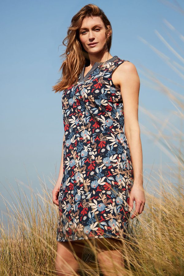 Autonomy Navy/red - Sleeveless Leaf Print Patch Pocket Tunic Dress