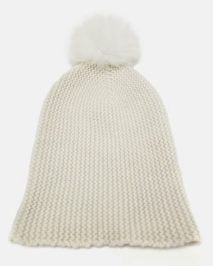 Autumn Cashmere White Purl Knit Fox Fur Pom Pom Beanie