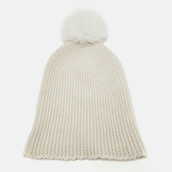 Autumn Cashmere White Purl Knit Fox Fur Pom Pom Beanie
