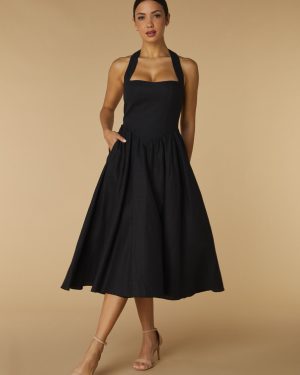 Ava Halter Neck Midi Dress with A-Line Skirt, UK 18 / US 14 / EU 46 / Black