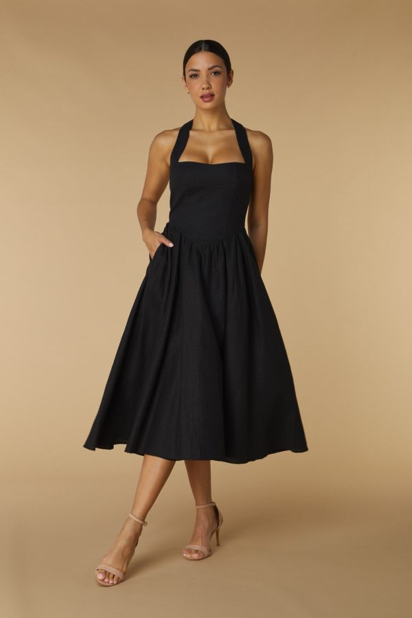 Ava Halter Neck Midi Dress with A-Line Skirt, UK 18 / US 14 / EU 46 / Black