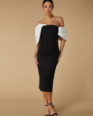 Ava Off Shoulder Midi Dress with Sculpted Monochrome Detail, UK 18 / US 14 / EU 46 / Black
