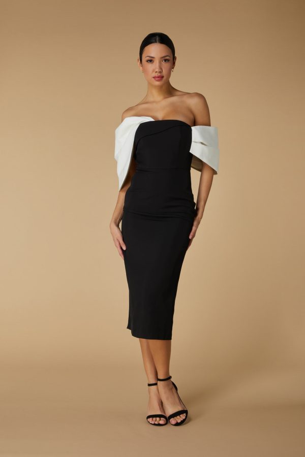 Ava Off Shoulder Midi Dress with Sculpted Monochrome Detail, UK 18 / US 14 / EU 46 / Black