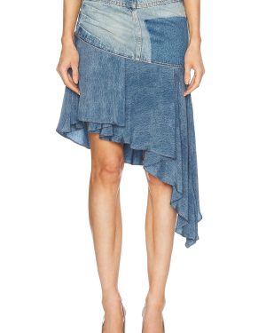 BALMAIN Asymmetric Denim Ruffled Short Skirt in Bleu Jean - Blue. Size 34 (also in 36, 38, 40).