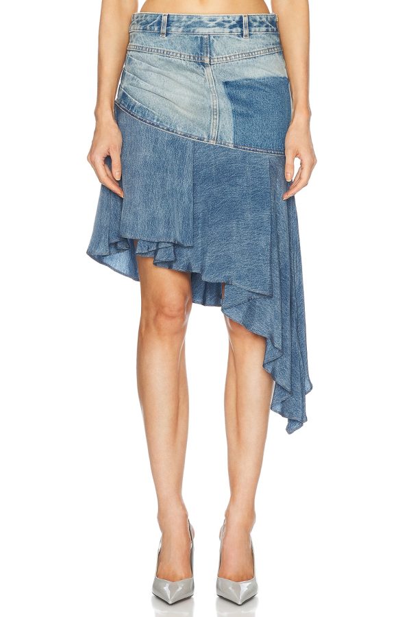 BALMAIN Asymmetric Denim Ruffled Short Skirt in Bleu Jean - Blue. Size 34 (also in 36, 38, 40).