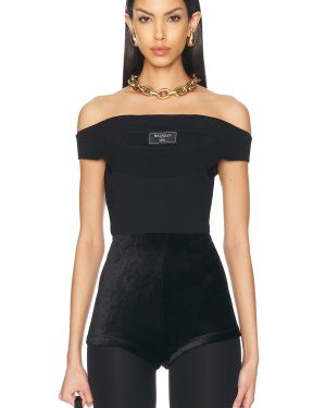 BALMAIN Boat Neck Double Collar Knit Crop Top in Noir - Black. Size 34 (also in 38, 40).