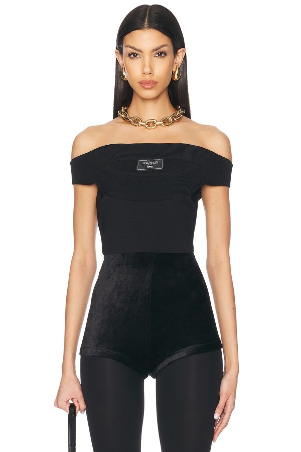 BALMAIN Boat Neck Double Collar Knit Crop Top in Noir - Black. Size 34 (also in 38, 40).