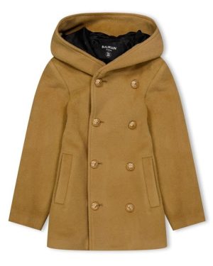 BALMAIN Double-Breasted Hooded Wool Coat - Brown
