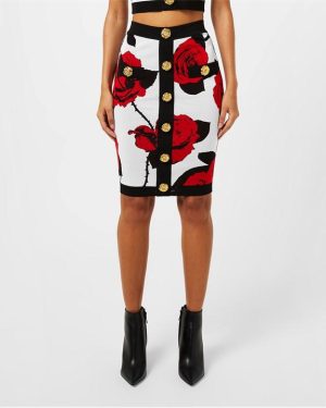 BALMAIN Floral Jacquard Midi Skirt - White