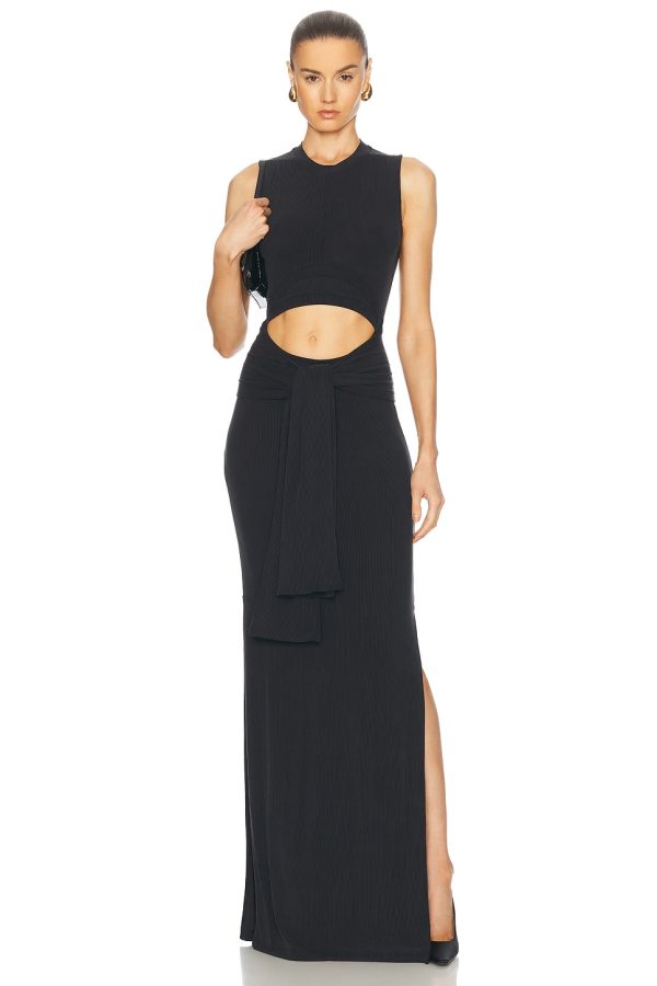 BALMAIN Knotted Cut Out Split Long Dress in Noir - Black. Size L (also in M, XS).