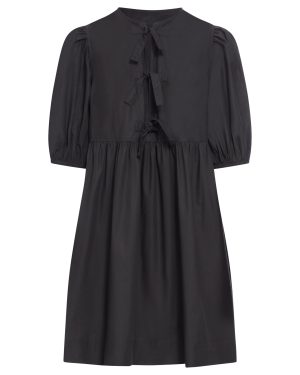 BLACK COTTON POPLIN TIE STRING MINI DRESS - Ganni - Woman
