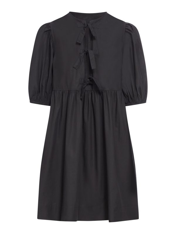 BLACK COTTON POPLIN TIE STRING MINI DRESS - Ganni - Woman