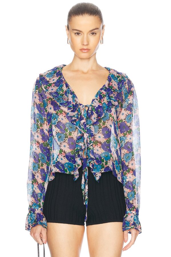 BODE Daisy Blouse in Blue Multi - Blue. Size L (also in M, S, XS).