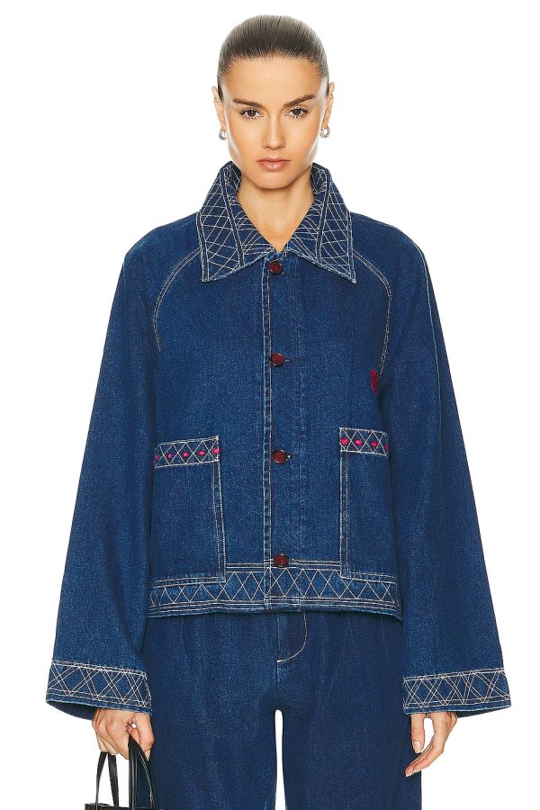 BODE Embroidered Denim Jacket in Indigo - Denim-Dark. Size M (also in ).