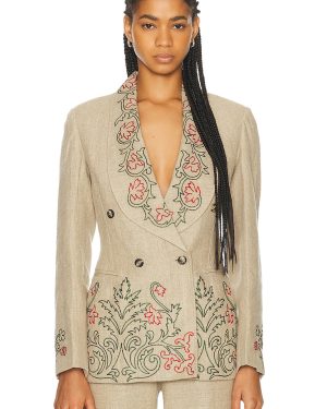 BODE Embroidered Trumpet Flower Suit Jacket in Tan - Tan. Size 0 (also in 2, 4).