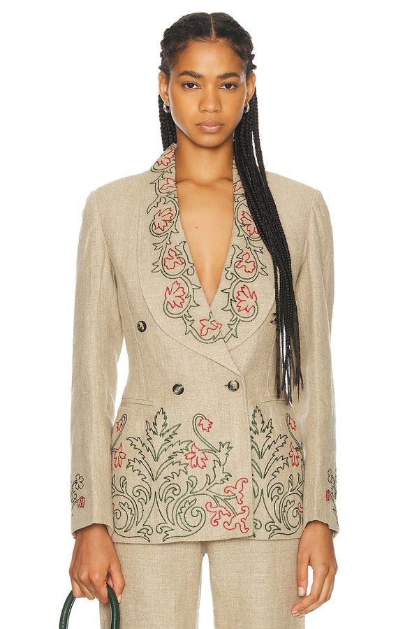 BODE Embroidered Trumpet Flower Suit Jacket in Tan - Tan. Size 0 (also in 2, 4).