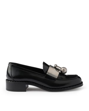 BRUSHED LEATHER LOAFERS WITH METAL RING - Prada - Woman