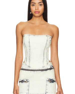 BY.DYLN Zayne Corset Top in Denim-Light. Size M, S, XL, XS.