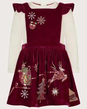 Baby Top and Velvet Christmas Pinafore Dress Set Red