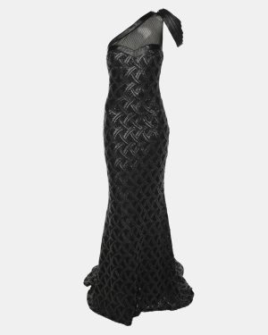 Badgley Mischka Black/Grey Sequin Tulle One Shoulder Dress S