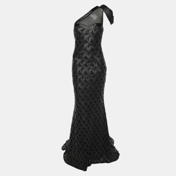 Badgley Mischka Black/Grey Sequin Tulle One Shoulder Dress S