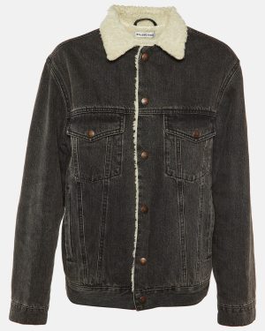 Balenciaga Black Denim Button Front Shearling Jacket S