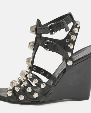 Balenciaga Black Leather Arena Studded Strappy Wedge Sandals Size 38