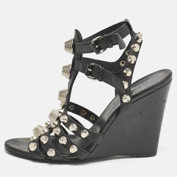 Balenciaga Black Leather Arena Studded Strappy Wedge Sandals Size 38