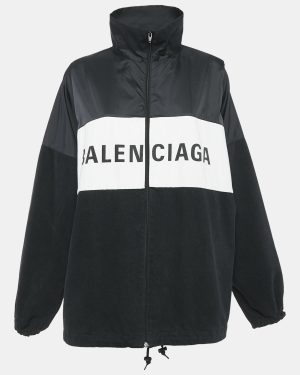 Balenciaga Black Logo Print Nylon and Denim Zip-Up Oversized Jacket S