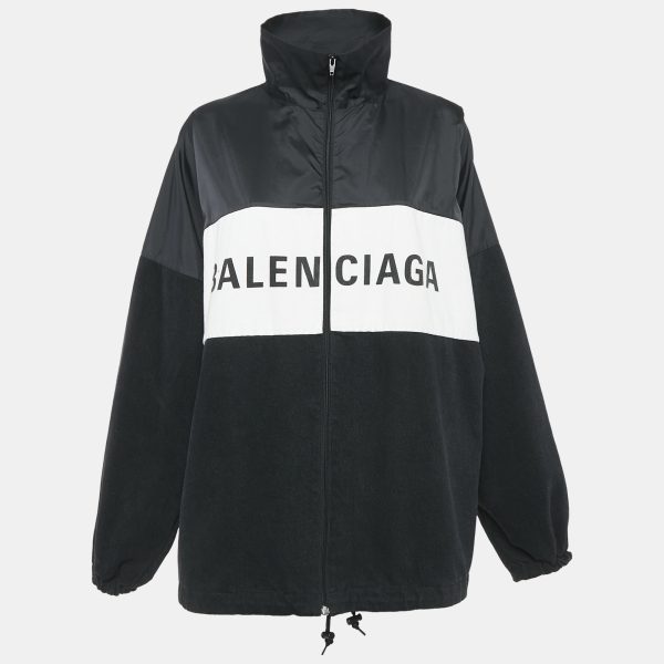 Balenciaga Black Logo Print Nylon and Denim Zip-Up Oversized Jacket S