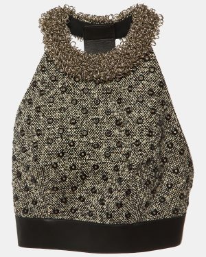 Balenciaga Black/White Eyelet and Ring Embellished Tweed Halter Neck Top M