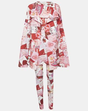 Balenciaga Multicolor Graphic Printed Cotton Knit Tie Detail Oversized Top & Leggings Set L