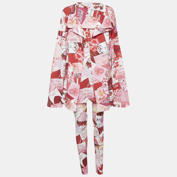Balenciaga Multicolor Graphic Printed Cotton Knit Tie Detail Oversized Top & Leggings Set L