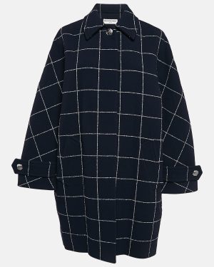 Balenciaga Navy Blue Checkered Wool Mid-Length Coat M