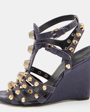 Balenciaga Navy Blue Leather Arena Studded Gladiator Wedge Sandals Size 40