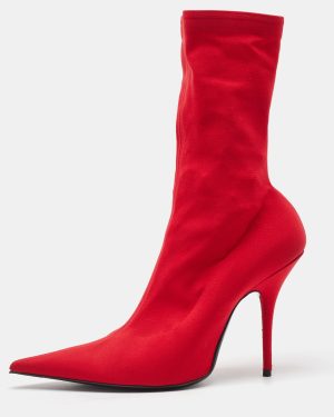 Balenciaga Red Stretch Fabric Knife Pointed Toe Sock Mid Calf Boots Size 39