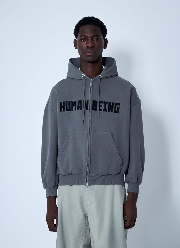Balenciaga Zip-up Human Being Hooded Sweatshirt - Sweatshirts Grey Xl