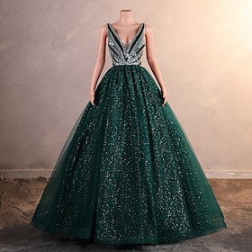 Ball Gown Evening Gown Elegant Dress Formal Prom Floor Length Sleeveless V Neck Tulle with Glitter Sequin 2025