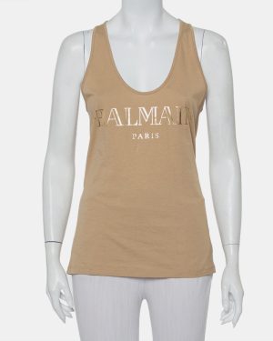 Balmain Beige Cotton Logo Printed Tank Top M