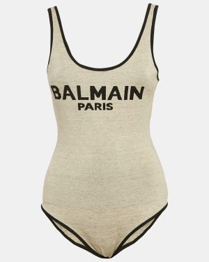 Balmain Beige Linen Blend Knit Round Neck Bodysuit S