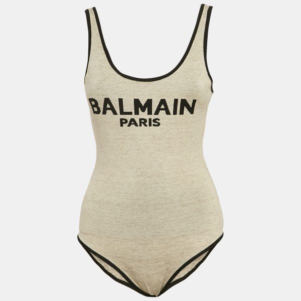 Balmain Beige Linen Blend Knit Round Neck Bodysuit S