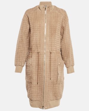 Balmain Beige Suede Zip-Up Quilted Long Coat M