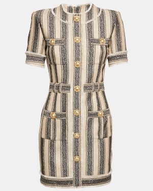 Balmain Beige/Black Frayed Sequin Striped Piqué Mini Dress S