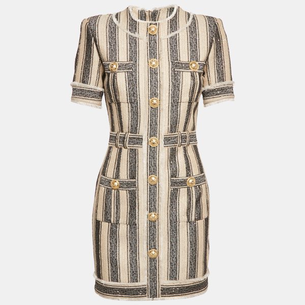 Balmain Beige/Black Frayed Sequin Striped Piqué Mini Dress S