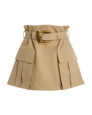Balmain - Belted Cotton-Gabardine Mini Skirt - Neutral - FR 34 - Moda Operandi
