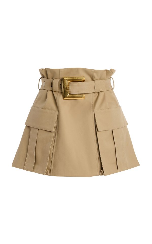 Balmain - Belted Cotton-Gabardine Mini Skirt - Neutral - FR 34 - Moda Operandi