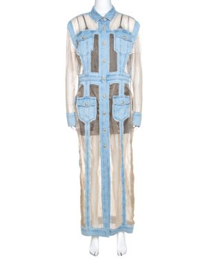 Balmain Bicolor Sheer Silk Panelled Denim Trim Shirt Dress L