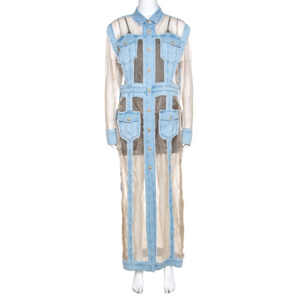 Balmain Bicolor Sheer Silk Panelled Denim Trim Shirt Dress L